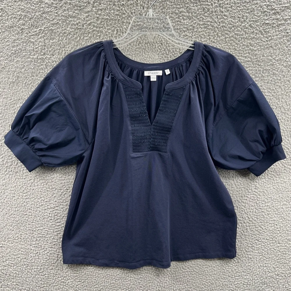 Chicos Womens Smocked Puff Sleeve Blouse L Navy Cotton Stretch Office Top Casual